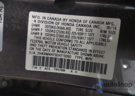 2014 Honda Cr-V Ex-L z USA, uszkodzony, nr VIN 2HKRM4H75EH719260